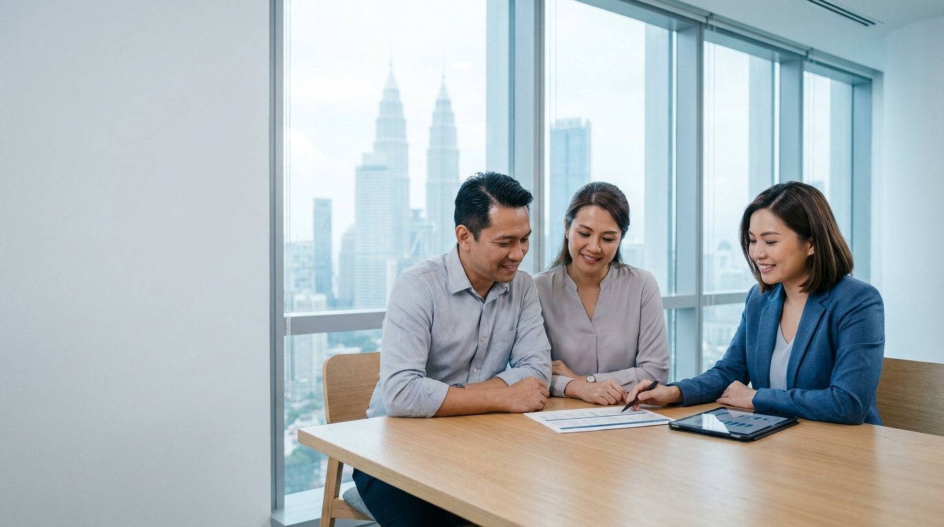 A financial adviser reviewing a portfolio with clients in a Kuala Lumpur office